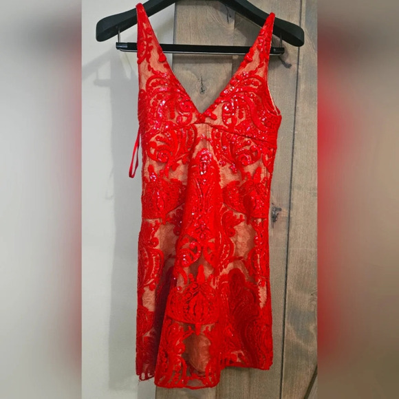 FREE PEOPLE Red Night Shimmers Mini Dress. Size 2 - Picture 3 of 11